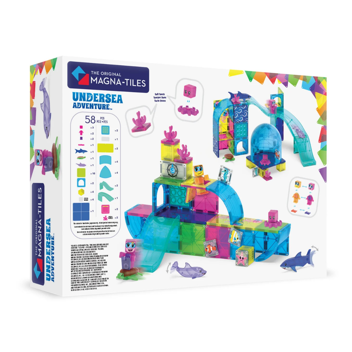 The Original Magna-Tiles Undersea Adventure toy set in its retail packaging, featuring colorful translucent tiles and small shark figures on a white box with bright illustrations.